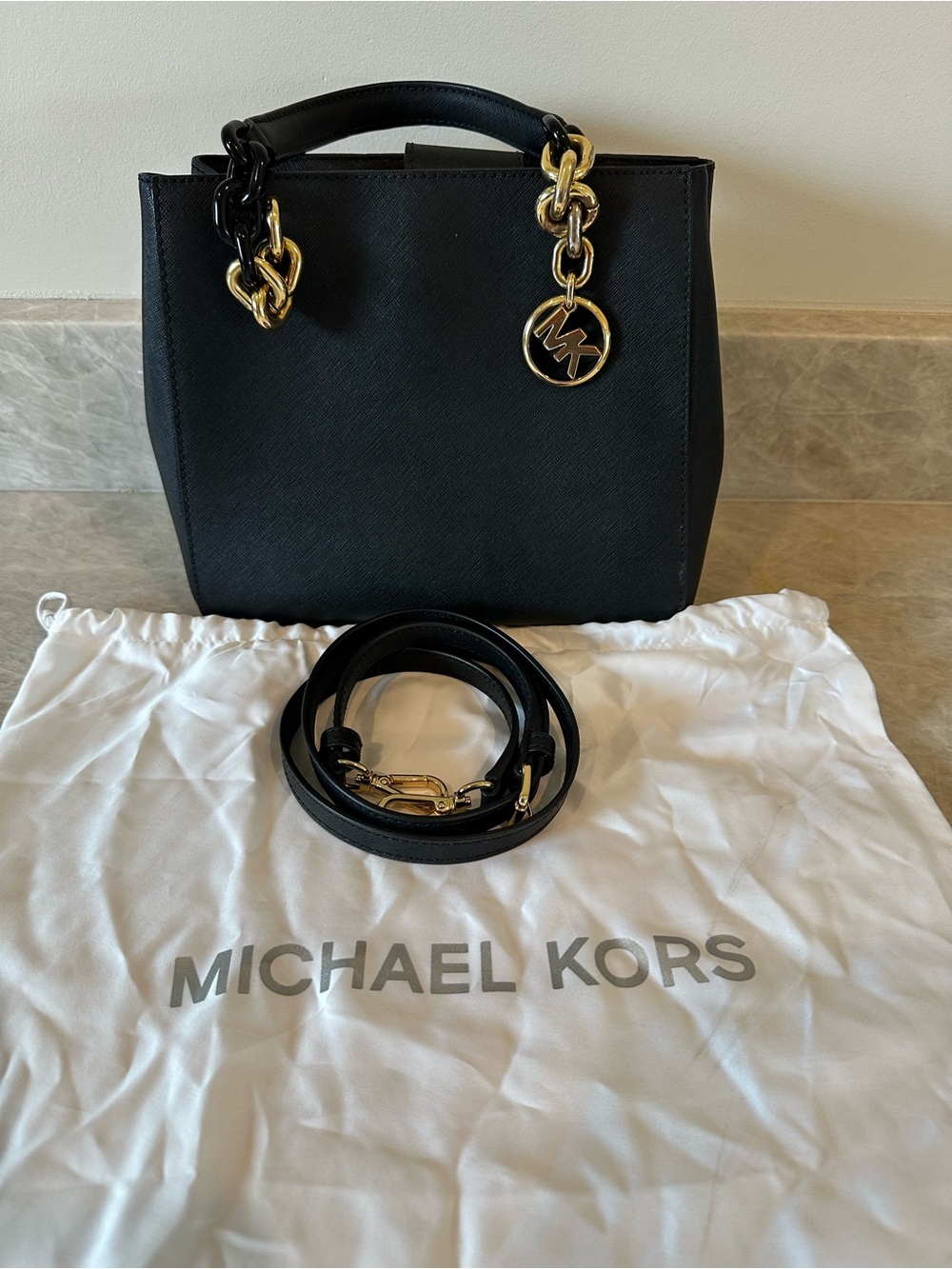 Michael Kors Black Saffiano Satchel with Gold Hardware and Chain Charm